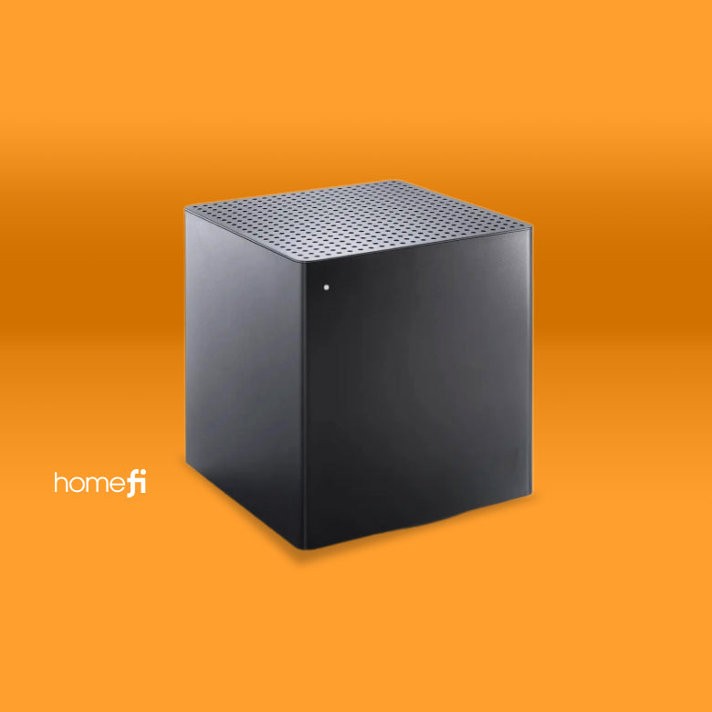 Black square device against an orange background.