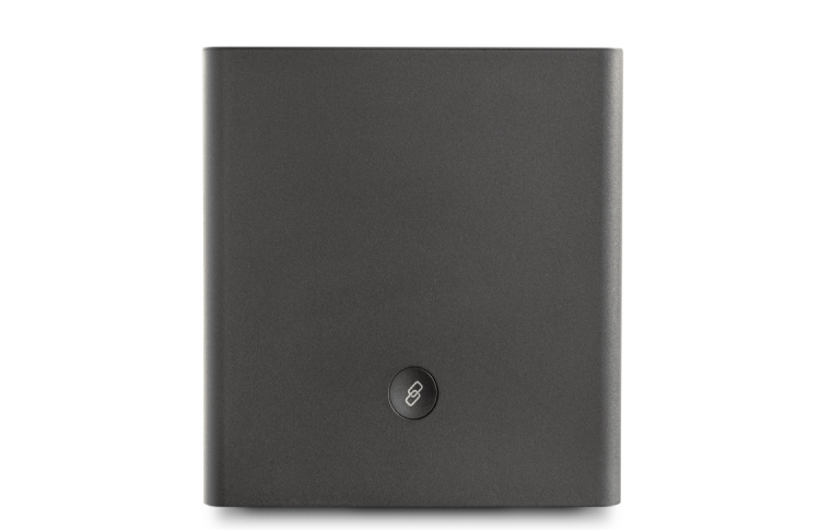 Square, black electronic device with a power button in the center.