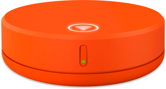 Orange circular smart device with a glowing icon and small indicator light.