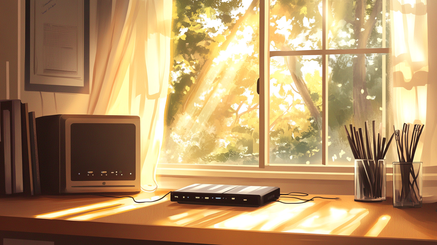 A clean and organized router area bathed in soft sunlight suggesting a stable internet connection