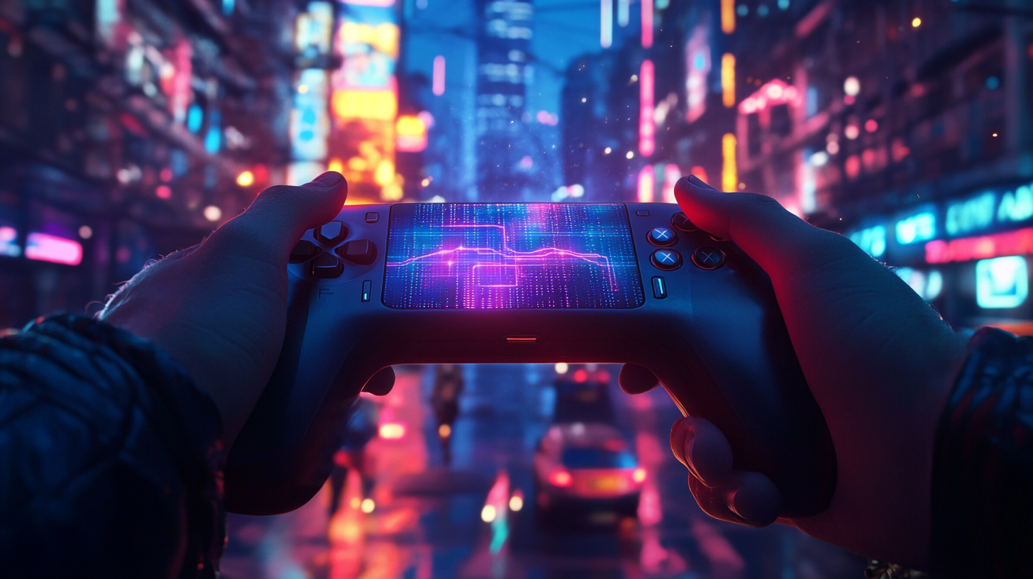 A gamer using a handheld console with vivid Wi-Fi beams demonstrating portable internet for gaming
