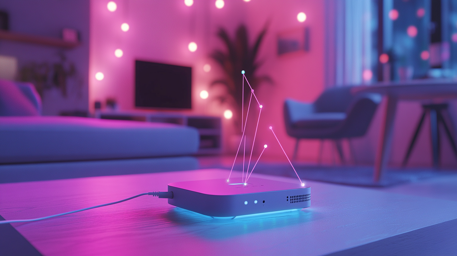 A miniature router connected to multiple household devices in a cozy living room scene