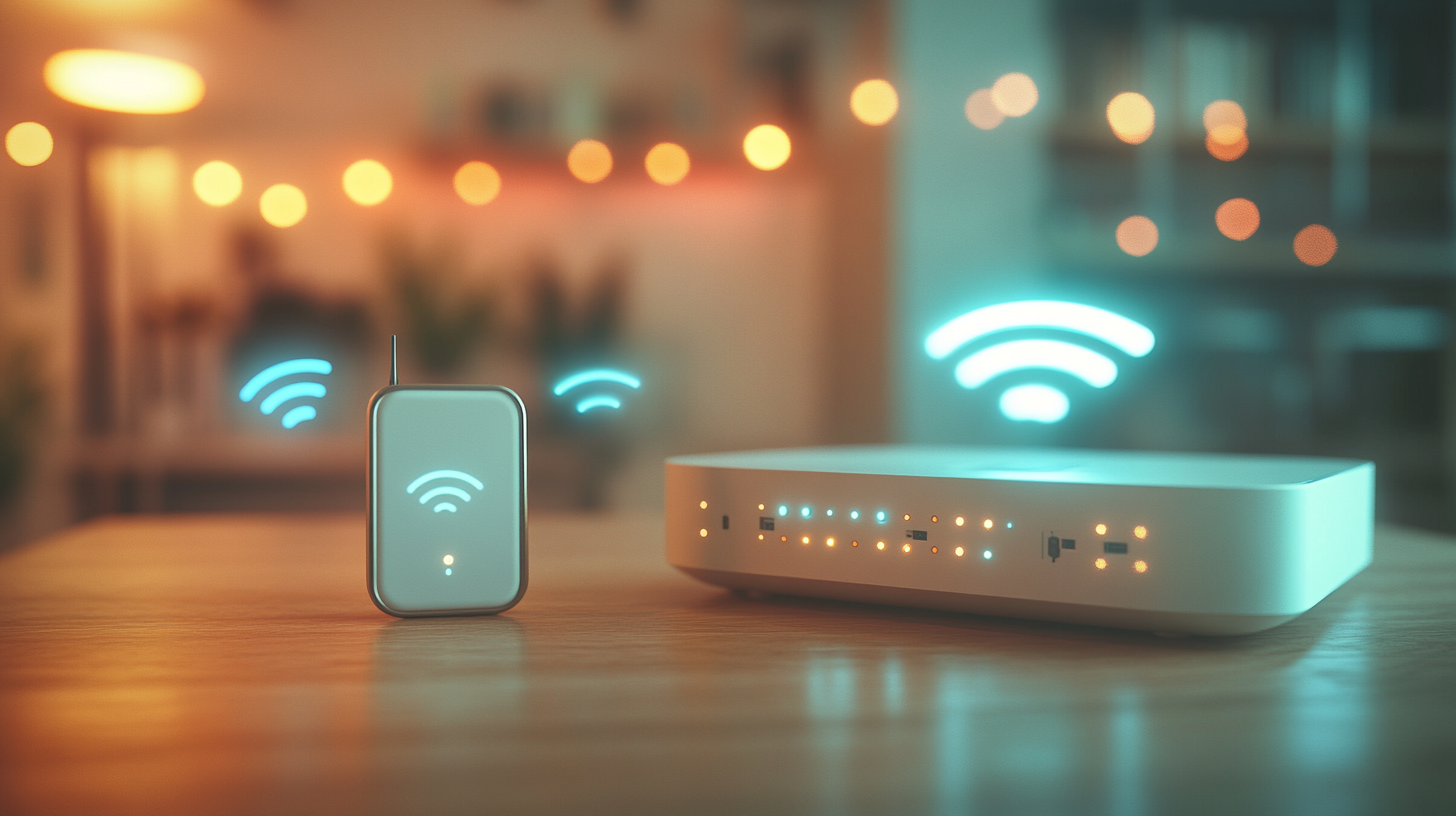 A small mobile router and a larger home router side by side on a desk with visible wifi signals