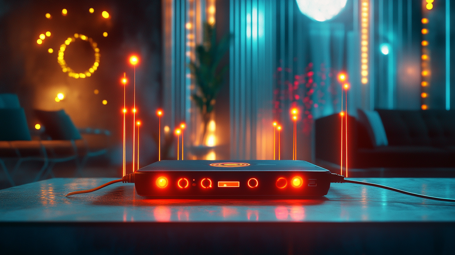 A stylized router emitting red and orange lights symbolizing internet connection issues