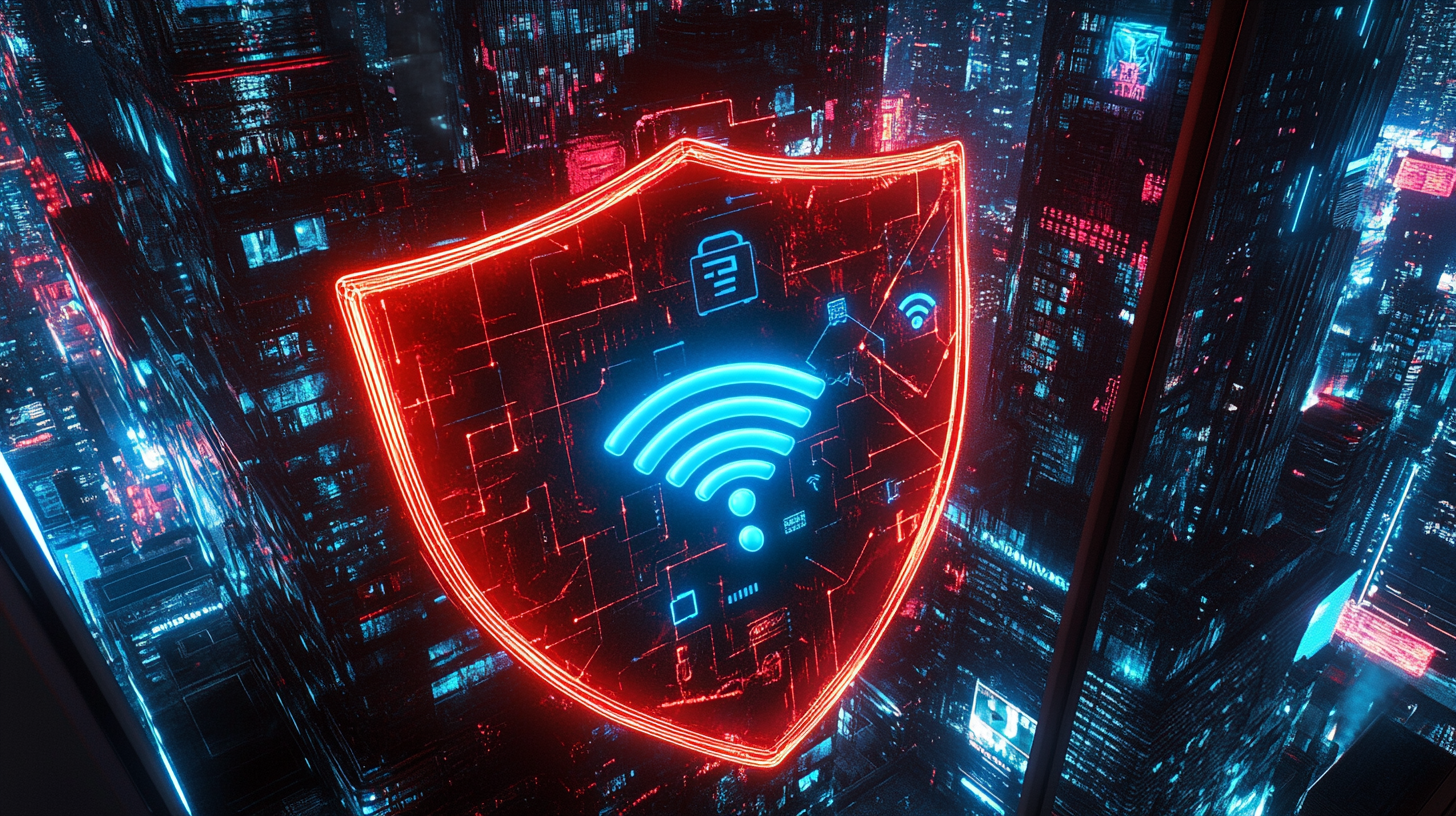 A symbolic shield and lock icons illustrating protective layers around a WiFi device