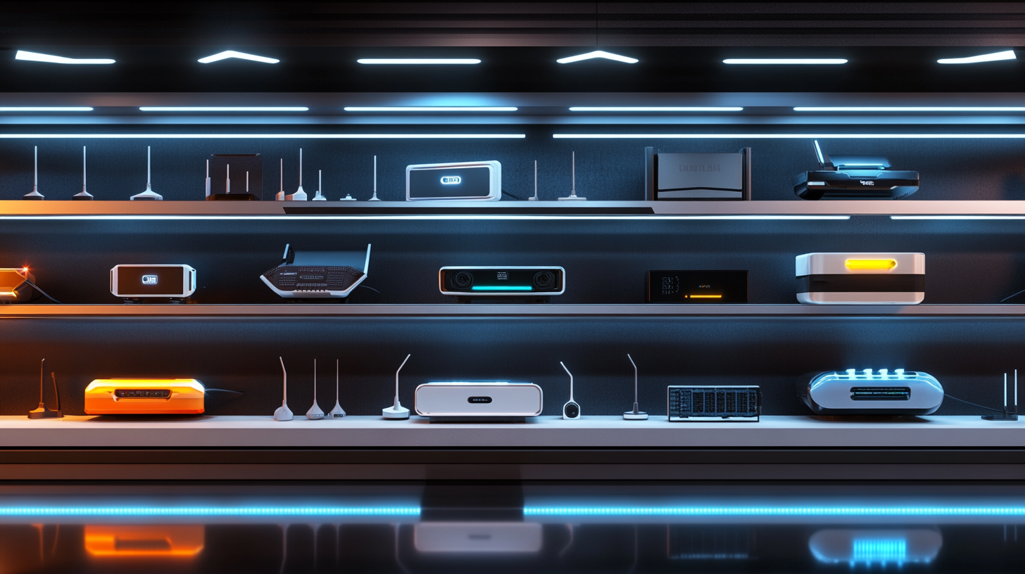 An array of different router styles displayed in a futuristic showroom highlighting various features