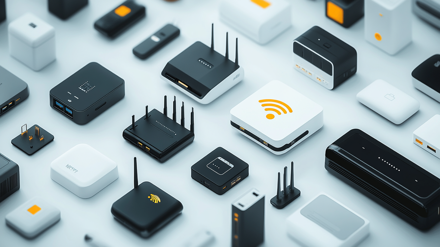 assorted portable WiFi routers with key features highlighted in a clean studio layout