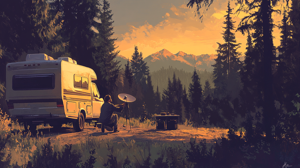 Camper adjusting a portable satellite internet dish at a forest campsite