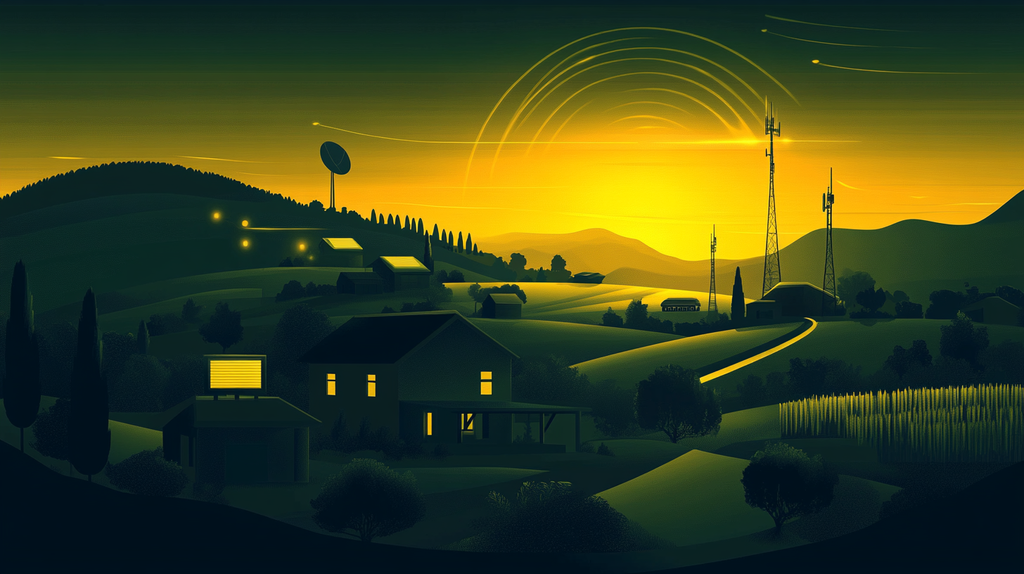 Collection of satellite dish DSL cable and wireless icons arranged against a countryside backdrop