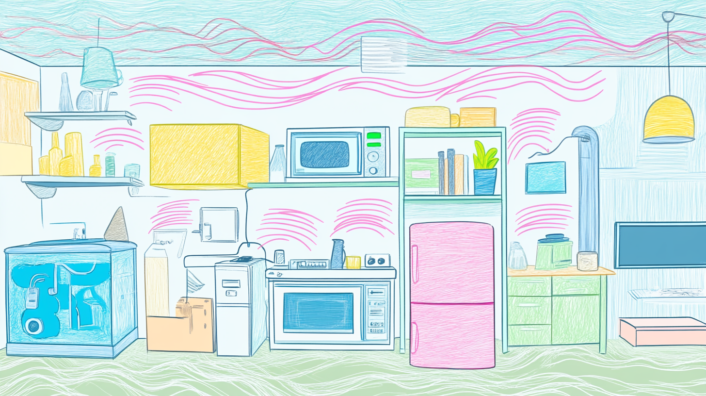 Diagram of household appliances like microwaves and fish tanks causing interference with labeled WiFi disruptions
