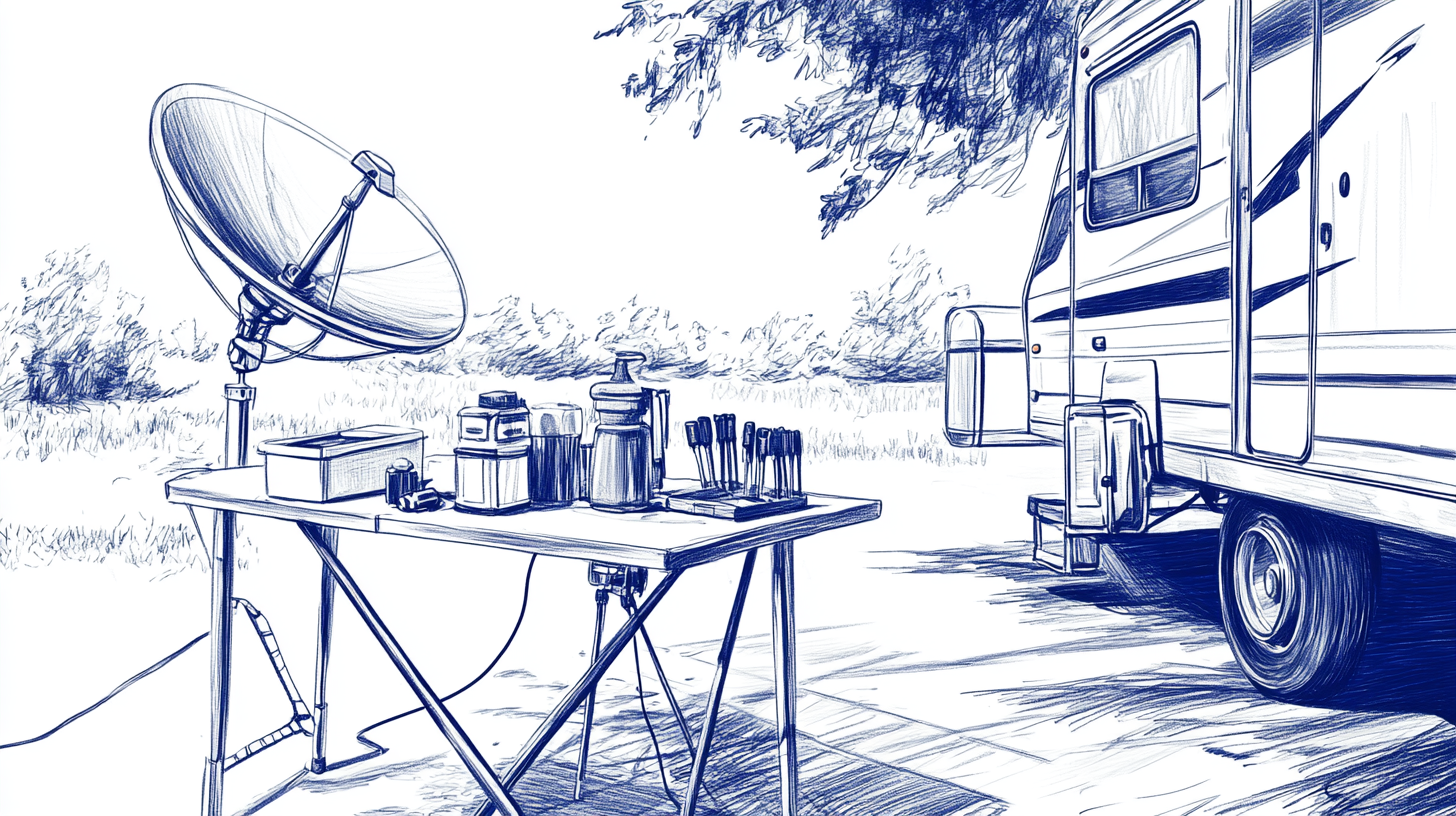 Essential gear and a small satellite dish arranged on a table near the RV