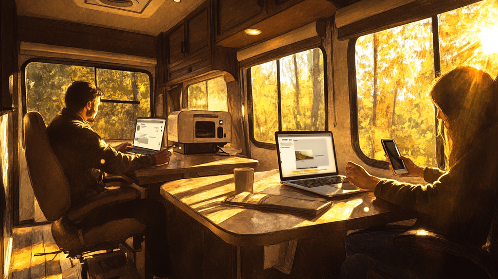 Family inside an RV using laptops and smartphones near a small router