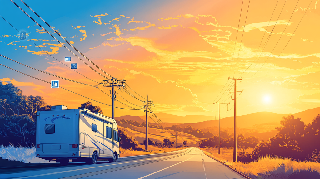 Highway scene with multiple signal icons connecting to an RV under a bright sky