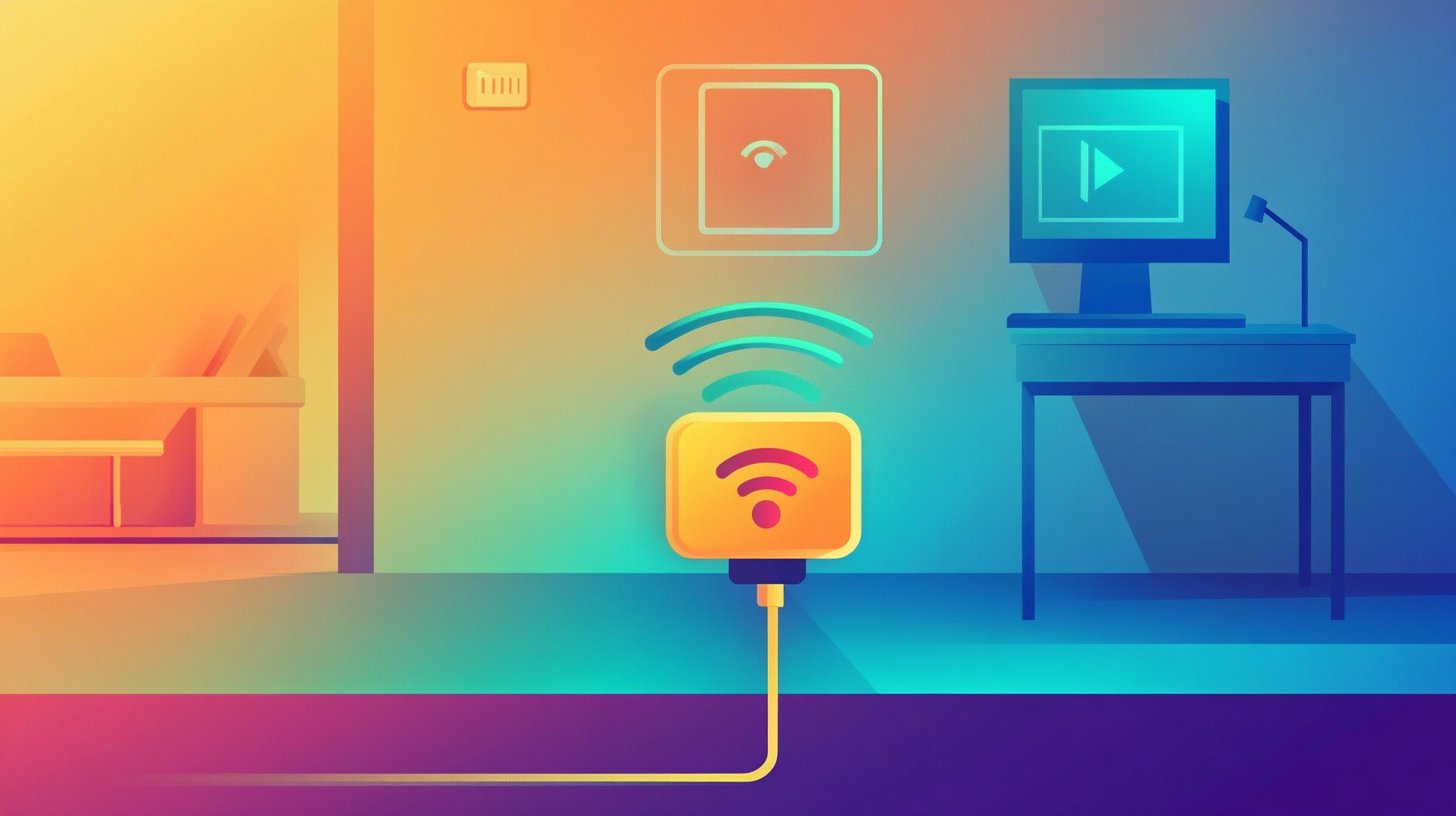 Home extender device boosting WiFi coverage in a living room to overcome wireless dead spots