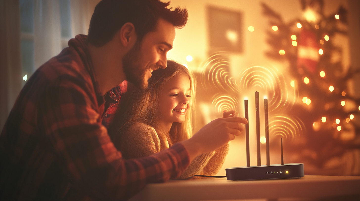 Illustration of a family positioning a router on a high shelf to optimize WiFi signals across the home