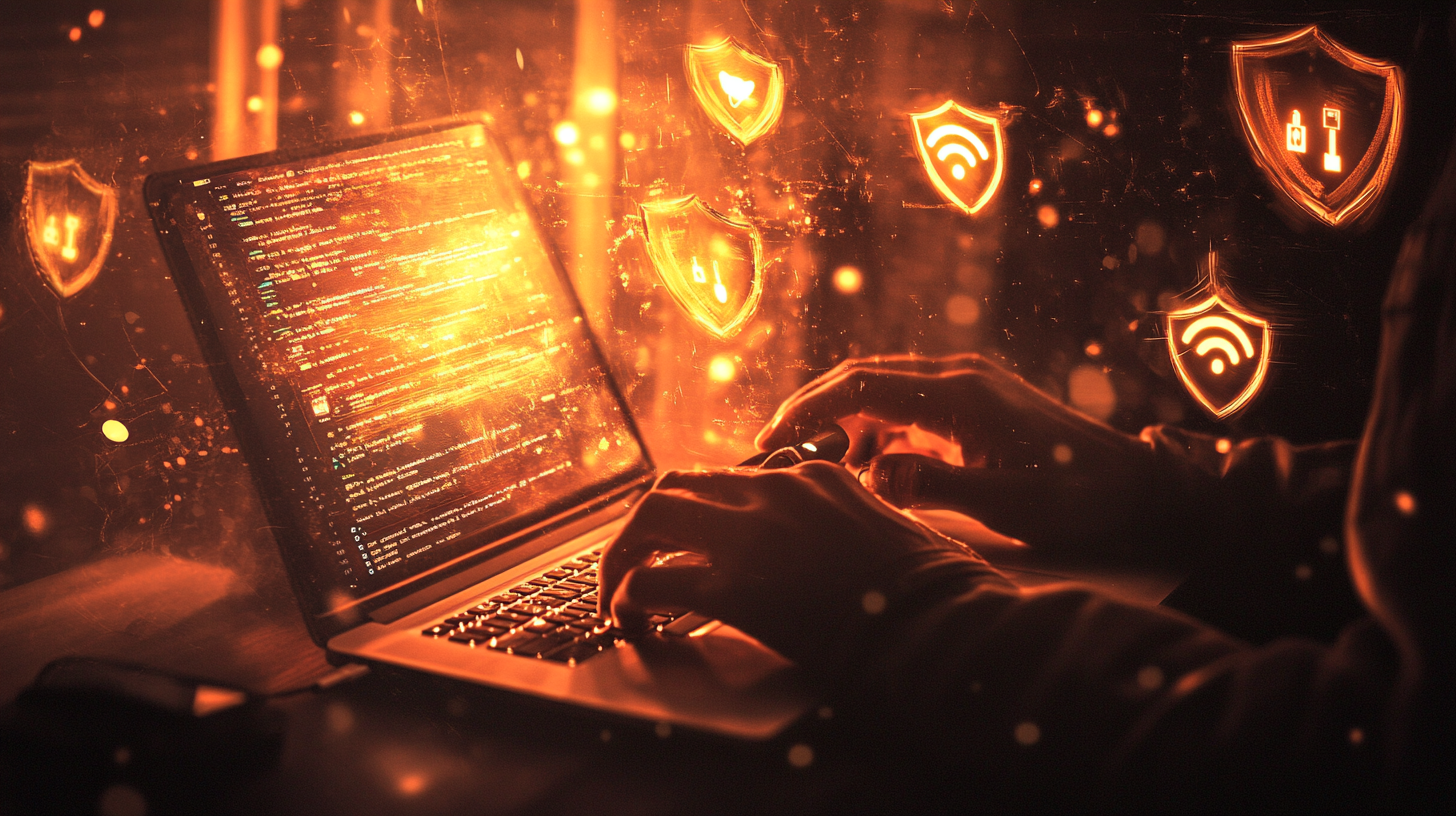 individual protecting their internet connection with symbolic lock icons in a soft-lit room