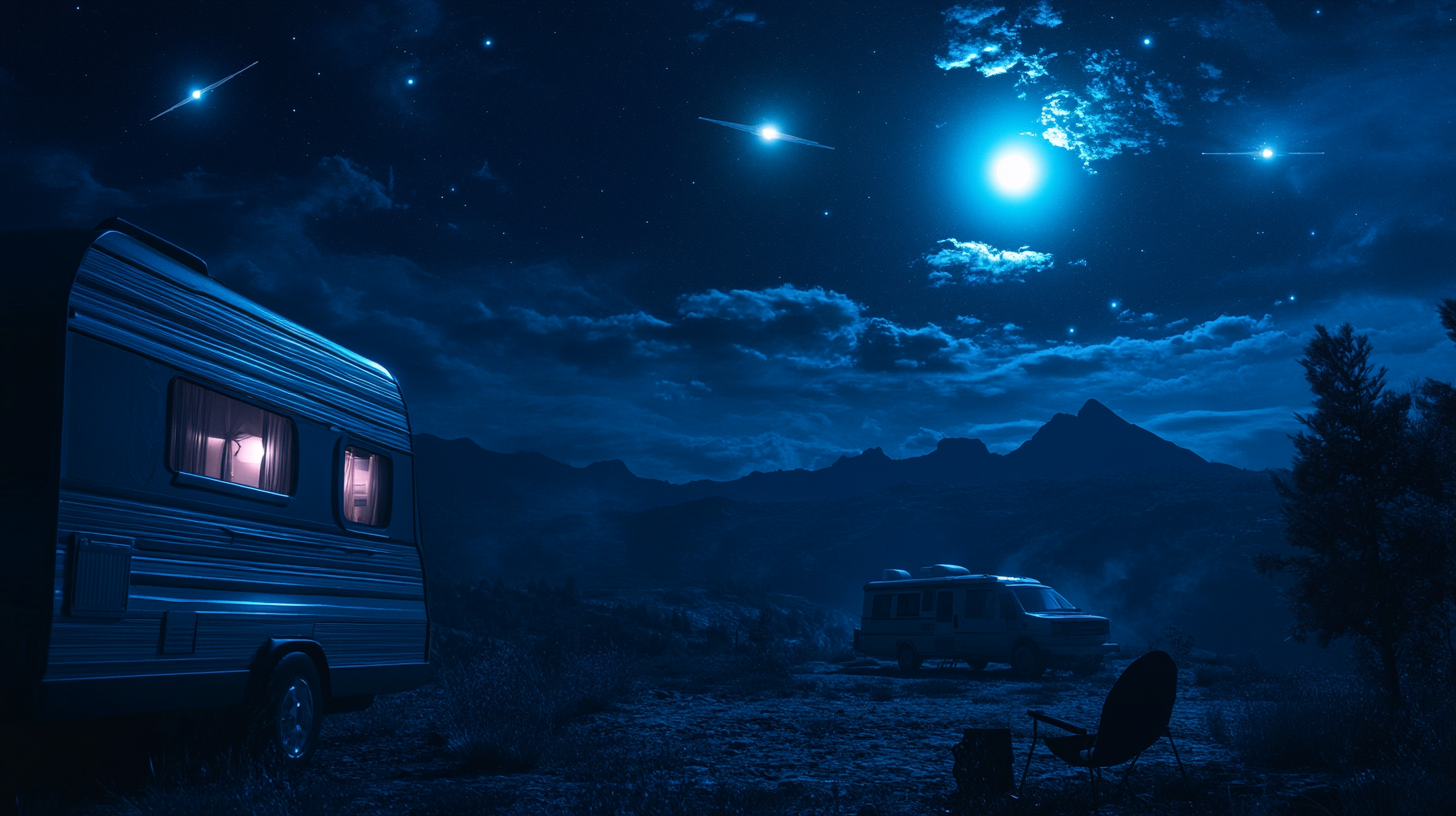 Nighttime scene with multiple satellite internet providers orbiting above an RV