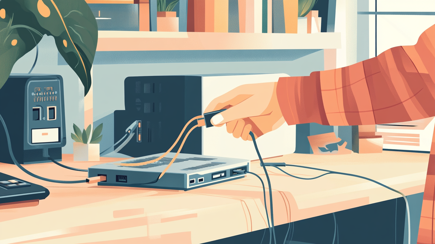 person connecting ethernet cable to a home router