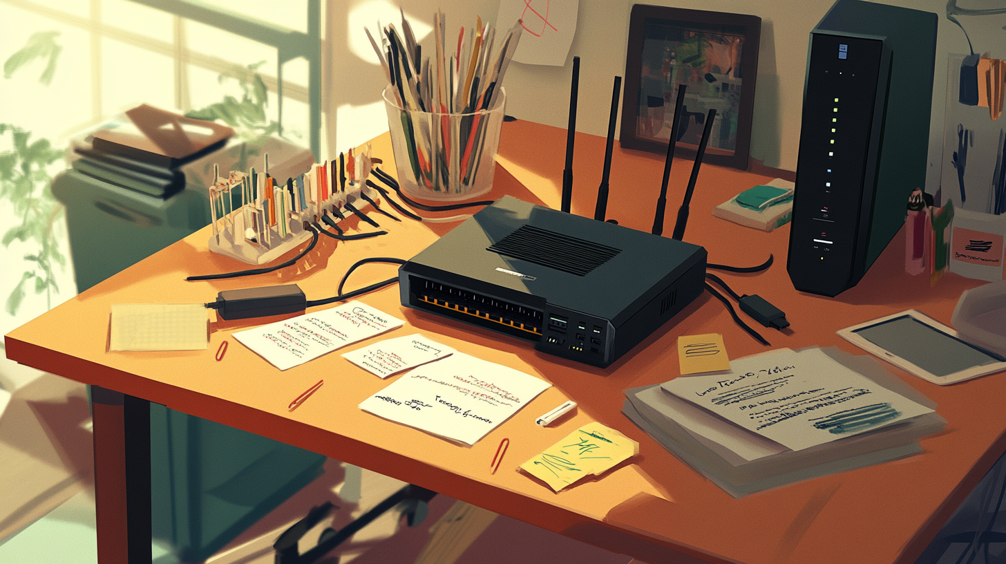 router essentials neatly arranged on a table