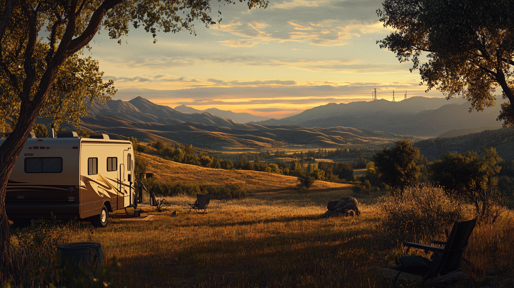 RV parked in a rural valley at dusk with weak signal towers in the distance
