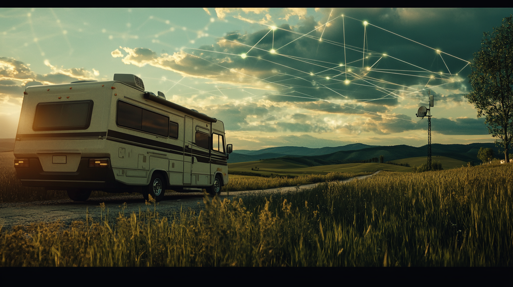 RV traveling across farmland with stylized satellite and tower signals overhead