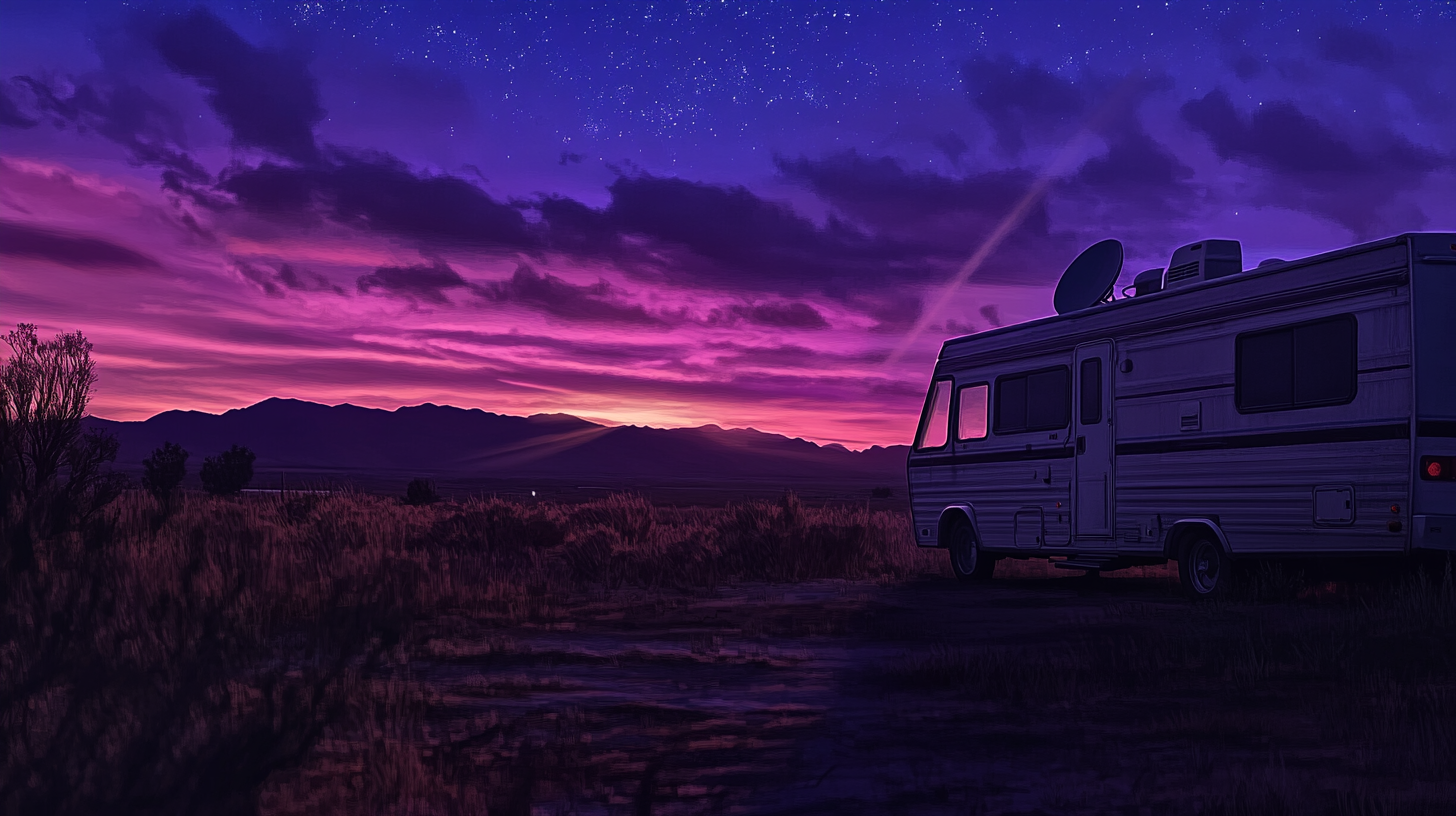 RV with satellite internet dish under a starry sky