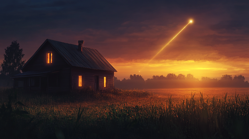 satellite dish beaming internet signals to a rural house at sunrise