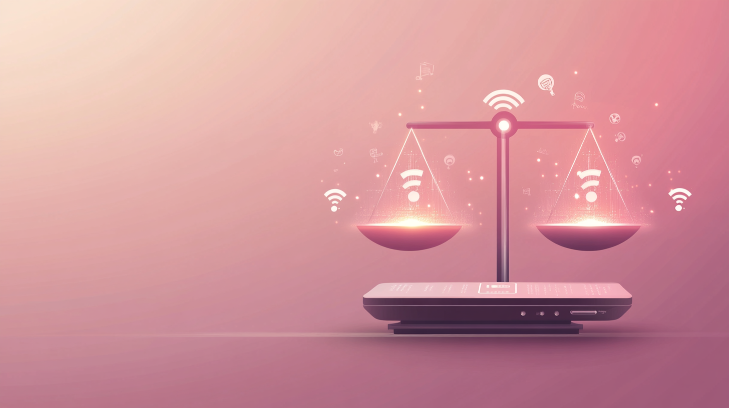 Scales balancing a compact mobile router and question marks representing pros and cons