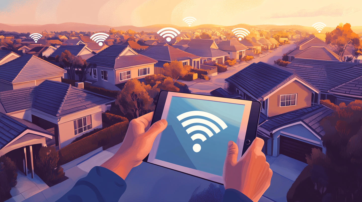 Smartphone user viewing WiFi signals of neighboring homes to evaluate the strongest local connection