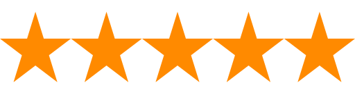 Five orange stars in a row on a transparent background.