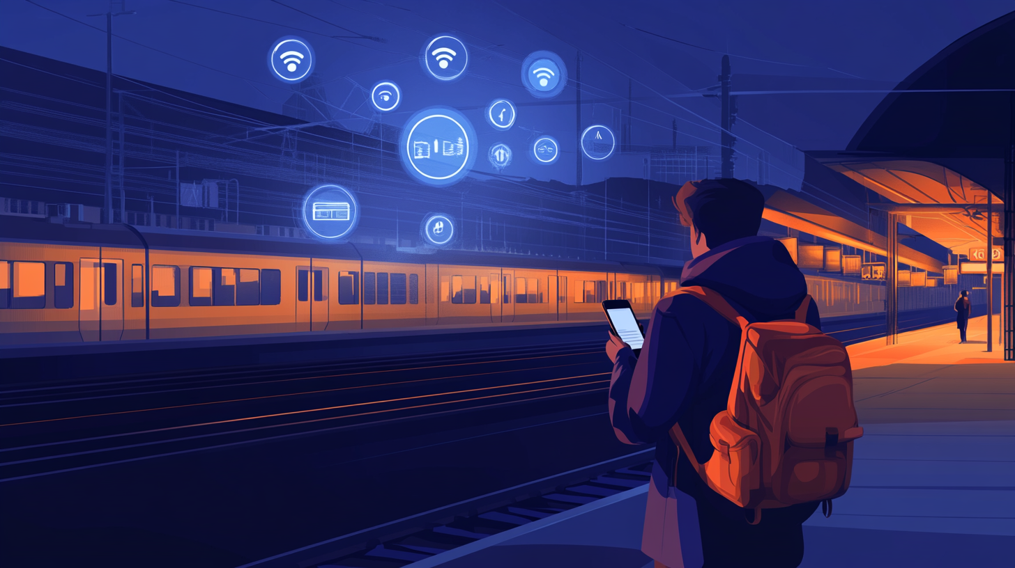 Traveler checking data usage on a phone with data-related icons swirling overhead in a busy train station