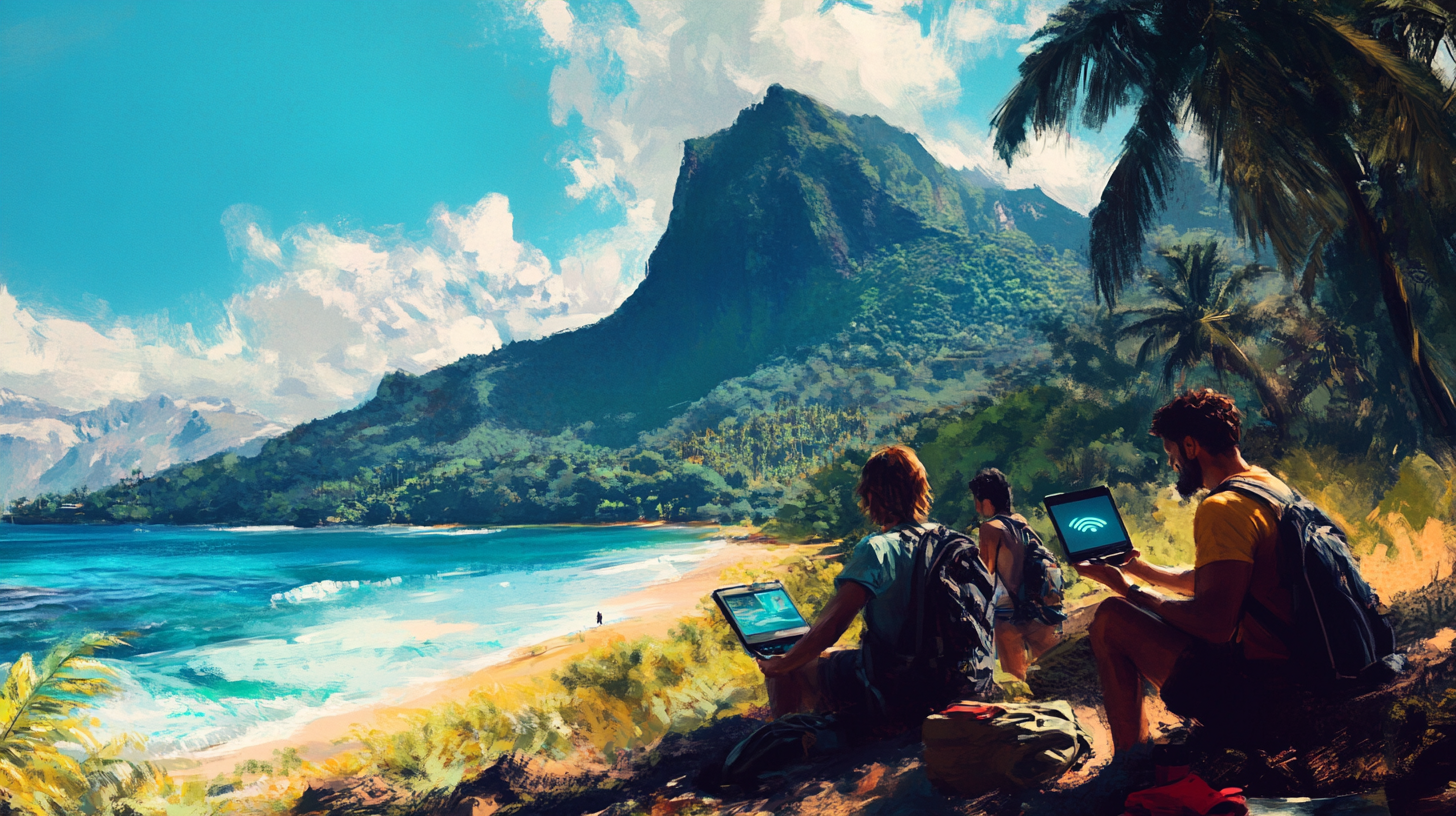 travelers with portable WiFi devices demonstrating connectivity in various outdoor settings